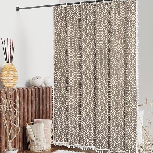 MitoVilla Taupe Farmhouse Shower Curtain Set 72 x 78, Boho 78 inch Long Cotton Tassel Fabric Shower Curtain Set for Fall Cottagecore French Rustic Bathroom Decor - ModernBath