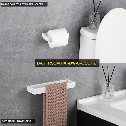 GERZWY Bathroom 2-Piece Accessory Set SUS 304 Stainless Steel Toilet Paper Holder Towel Ring Wall Mount, White - ModernBath