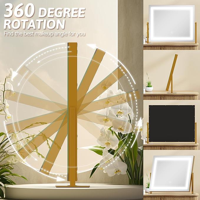 ROLOVE Vanity Mirror with Lights 22"x18", Lighted Makeup Mirror with 10X Magnification, Smart Touch 3 Colors Dimmable, 360° Rotation, Women Gift, Dresser Mount, Bathroom (Gold) - ModernBath