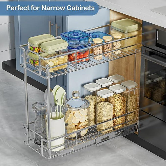 ROOMTEC Pull Out Spice Rack for Narrow Cabinet (5½" W X 21" D),2 Tier Slide Out Cabinet Organizer and Pull Out Shelves Under Cabinet Storage for Kitchen, Chrome - ModernBath