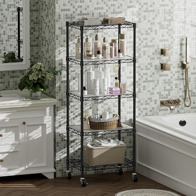 SINGAYE 5 Shelves Storage Shelf Wire Closet Bathroom Organizers Metal Pantry Kitchen Small Garage Shelving Unit Laundry Room Organization Home Narrow Rack Net Basket with Wheels Black - ModernBath