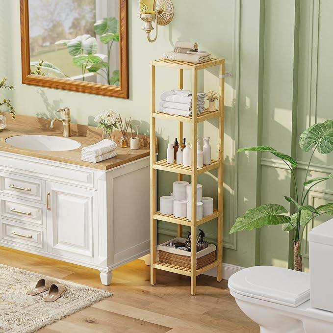 SMIBUY Bathroom Storage Shelf, 5-Tier Bamboo Rack Organizer, Multifunctional Shelving Unit for Living Room Bedroom Kitchen (Natural) - ModernBath