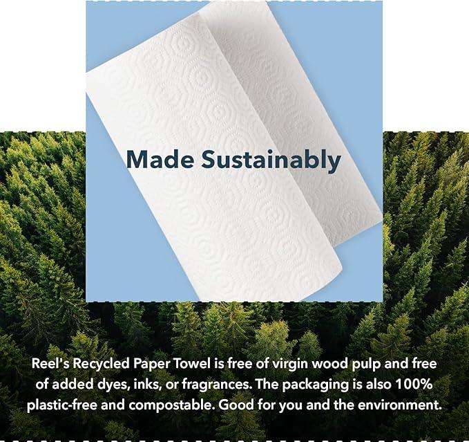 Reel Premium Recycled Paper Towels- 12 Rolls, 2-Ply Made From Tree-Free, 100% Recycled Paper - Eco-Friendly, Hypoallergenic and Zero Plastic Packaging - ModernBath