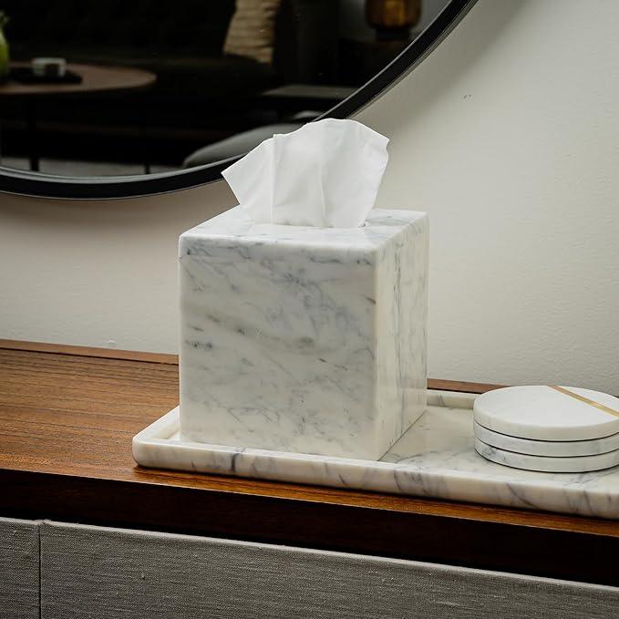Cork & Mill Marble Tissue Box Cover for Kleenex and More, Decorative Cube Style Holder, Large Square Facial Tissue Dispenser Container for Home, Real Solid White Marble Bathroom Accessory - ModernBath