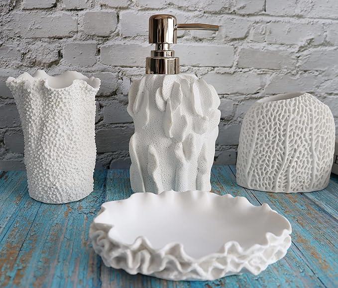 Hymmah Bathroom Accessories Set,Coral Seashell Design Toothbrush Holder,Farmhouse Bathroom Decor,4 Pcs Resin Gift Set Apartment Necessities, Contain Toothbrush Cup,Soap Dispenser,Soap Dish,Tumbler - ModernBath
