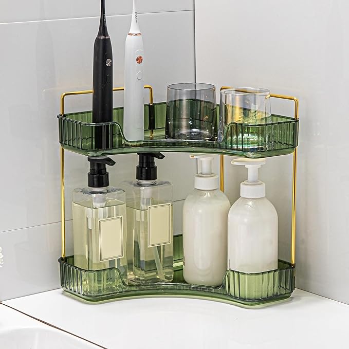 Weidace Corner Bathroom Counter Organizer Bathroom Countertop Shelf Makeup Organizer for Vanity Perfume Tray for Corner Storage (2 Tiers, Green)
