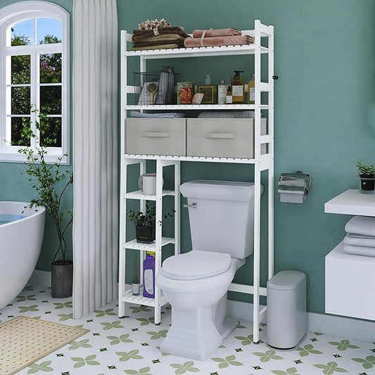 SMIBUY Over The Toilet Storage with Drawers, Large Bathroom Space Saver Organizer Rack, Freestanding Behind Toilet Stand with 6-Tier Shelf and Waterproof Feet Pad for Restroom, Laundry (White) - ModernBath