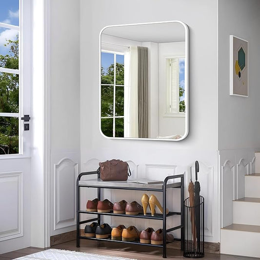 BONEWEI White Bathroom Mirror,30x36 inch Wall Mirror for Bathroom Wall Mounted,Rectangle Mirror for Bathroom Over Sink,Modern Frame Round Corner for Living Room,Bedroom Entryway,Horizontal/Vertical
