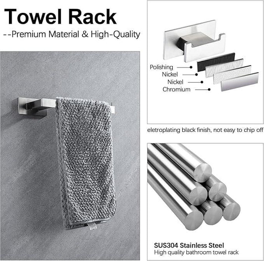 4-Pieces Bathroom Hardware Accessories Set, Towel Rack Towel Bar Toilet Paper Holder Towel Hook Self Adhesive Stainless Steel Towel Rack Set for Bathroom Wall Mounted, Brushed Nickel, 16 Inch - ModernBath