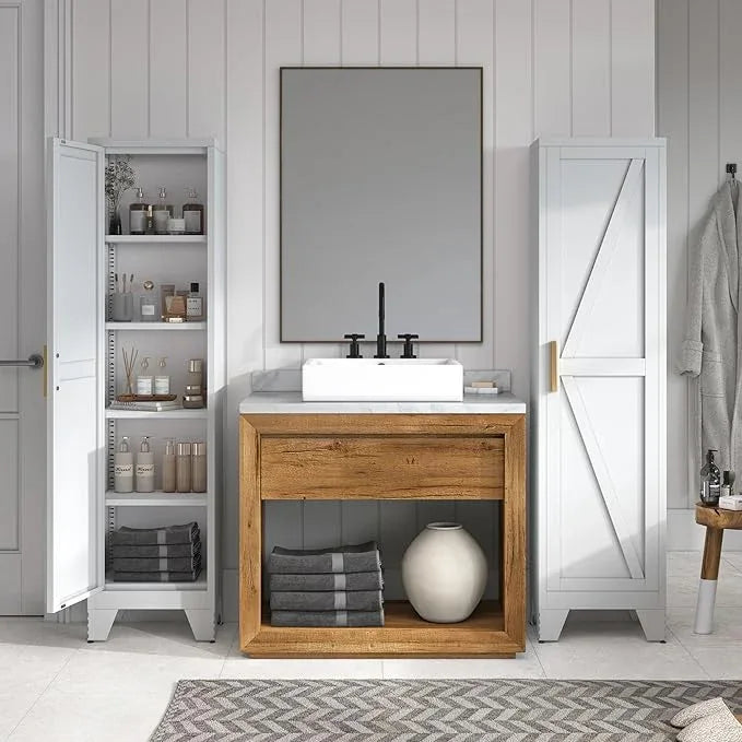 COFaR Tall Bathroom Storage Cabinet, Metal Farmhouse Narrow Slim Cabinet with Adjustable Shelves Barn Door for Bathrooms, Kitchens, Entrances Living Room (White) - ModernBath