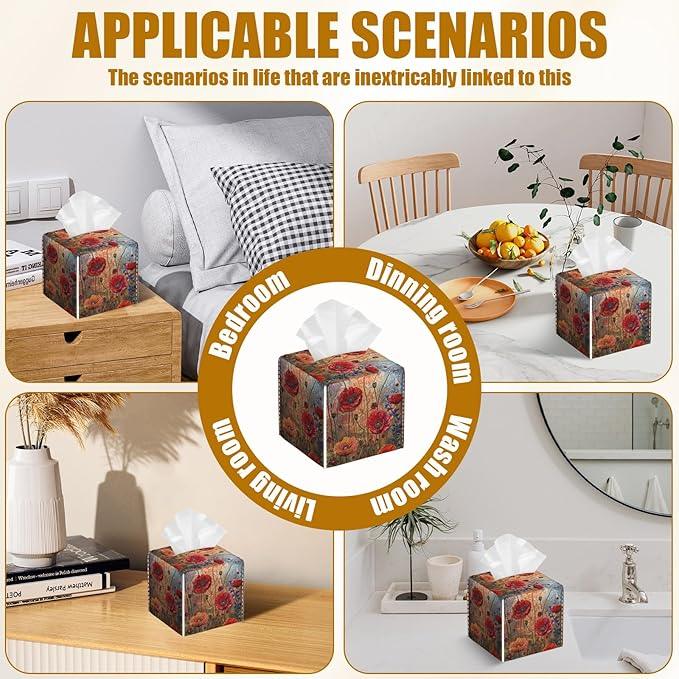 Red Poppy Tissue Box Cover 2PCS, Leather Tissue Box Holder Square Facial Paper Case Tissue Box Cube Organizer for Bathroom Bedroom Desk Office - ModernBath
