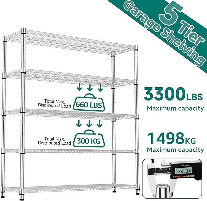 5 Tiers Shelf 3300 lbs Steel Storage Shelving Utility Shelving Unit Steel Organizer Wire Rack for Home,Kitchen,Office,Garage Chrome 17.7" D x 47.2" W x 70.3" H - ModernBath
