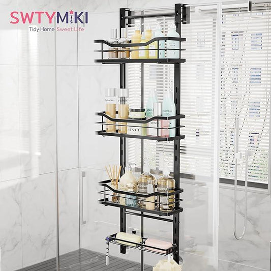 SWTYMIKI Over the Door Shower Caddy - 4 Tier Adjustable Shower Organizer Hanging with Soap Holder, No Drilling Stainless Steel Bathroom Rack Hanging for Body Wash, Shampoo, Soap, Razor, Black - ModernBath