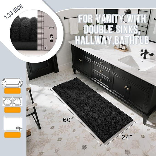Yimobra Bathroom Runner Rugs 60"x24", Non Slip and Absorbent Bath Mat, Super Soft Water Absorbent Hallway Carpet, Machine Washable Rug for Vanity Tub Shower, Black - ModernBath
