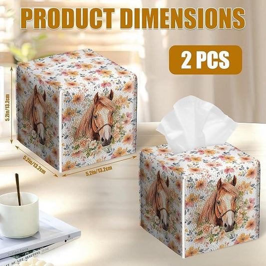 Horse Floral Tissue Box Cover 2PCS, Leather Tissue Box Holder Square Facial Paper Case Tissue Box Cube Organizer for Bathroom Bedroom Desk Office - ModernBath