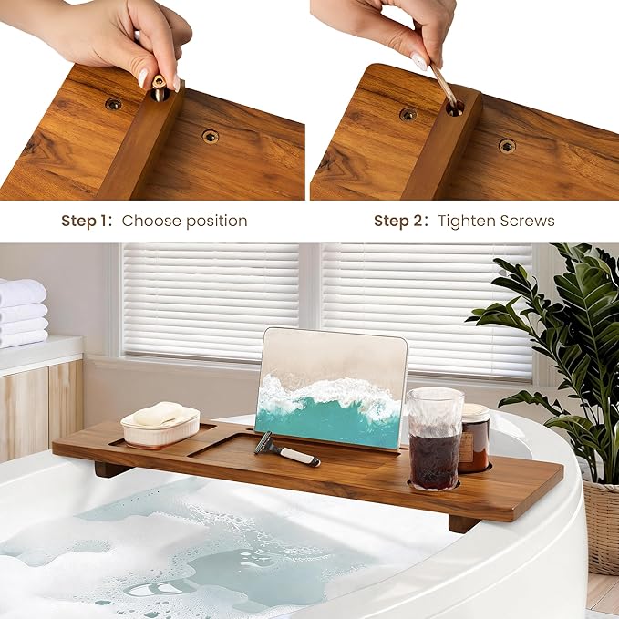 Teak Bathtub Tray - Large Wood Bath Caddy Tray 29" - Luxury Shower Organizer for Freestanding Bath - Adjustable Bathtub Trays for Home Spa Relaxation and Reading - Light Walnut Color