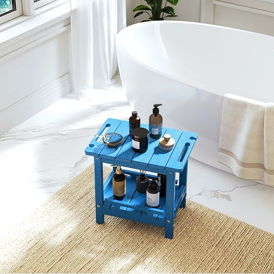 nalone Shower Bench, HDPE Shower Benches for Inside Shower, Small Shower Chair Seat for Shaving Legs with Storage Shelf & Handles, Indoor and Outdoor Use (Navy Blue)
