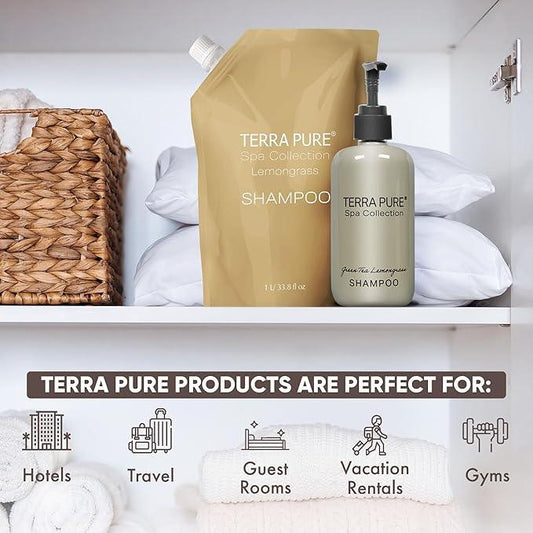 Terra Pure Spa Collection 1 Liter Shampoo Refill Bag For Soap Dispensers | Bulk Toiletries for Vacation Rentals, and Home Bathroom Showers | Green Tea Lemongrass | Single - ModernBath