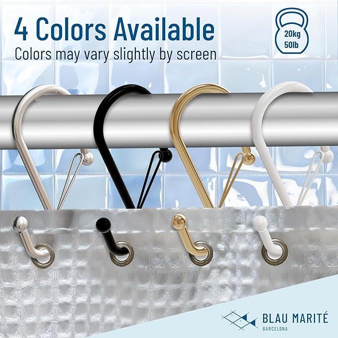 Blau Marité 12 Decorative Metal Shower Curtain Hooks, S-Shaped Hooks with Anti-Fall System, Rust-Proof Shower Rings with Safety Buckle, Fits Rods Up to 1-Inch Diameter (S, Gold) - ModernBath