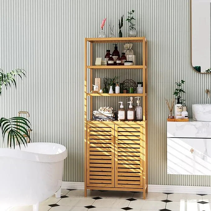 HIFIT Tall Bathroom Storage Cabinet, 66" Bamboo Narrow Bathroom Floor Cabinet with 2 Door & 4-Tier Open Shelves, Corner Tall Cabinets Freestanding Organizer Unit for Bath, Living Room, Entryway,Nature - ModernBath