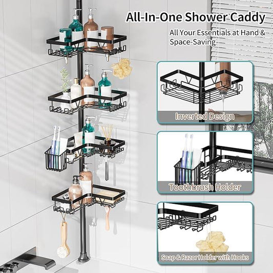 KEGII Shower Caddy Corner Tension Pole with Toothbrush Holder - Adjustable Corner Shower Organizer with Tooth Brush Holder, No Drilling Rustproof Bathroom Shelf Storage Rack, Fits 25-114.2 Inch - ModernBath