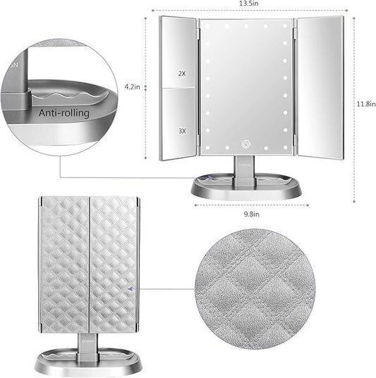 deweisn Trifold Lighted Vanity Makeup Mirror with 21 LED Lights,1/2/3 Magnification and Dimming,Two Power Supplies Makeup Mirror,Gift for Women - ModernBath