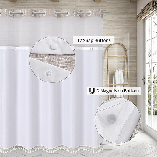 MitoVilla No Hooks Needed Farmhouse Shower Curtain with Snap-in Liner - with Window & Magnets, Taupe Boho Cotton Linen Fabric Shower Curtains with Tassels for Rustic Bathroom Decor, 72 x 74 - ModernBath