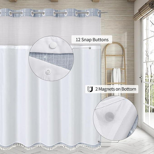 MitoVilla No Hooks Needed Farmhouse Shower Curtain with Snap-in Liner - with Window & Magnets, Boho Cotton Linen Fabric Shower Curtains with Tassels for Rustic Bathroom Decor, Blue, 72 x 74 - ModernBath