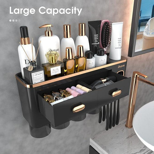 iHave Toothbrush Holders Wall Mounted with Toothpaste Dispenser & 4 Cups - Luxury Black and Gold Design for Bathroom Decor, All-in-One Bathroom Organizers & Storage for Toothbrushes and Accessories - ModernBath