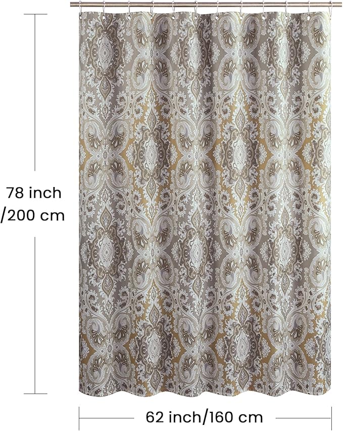 BESTRIPES Long Fabric Shower Curtain, Beige Grey Blue Printed Boho Paisley Damask Pattern Shower Curtains for Bathroom, Waterproof Bathroom Curtains, 62" W x 78" H