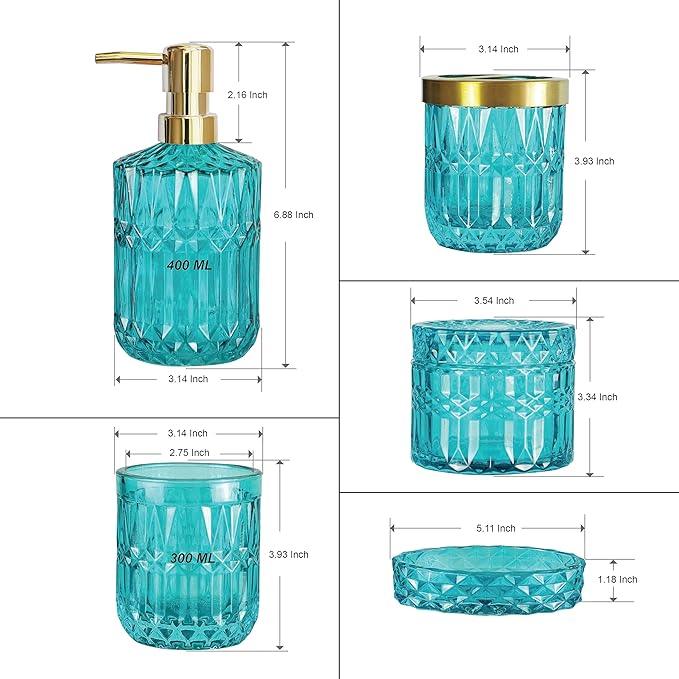 LaMarriti Teal Blue Bathroom Accessories Set, 5Pcs Clear Glass Bathroom Accessories, Hand Soap Dispenser Set, Soap Dish, Toothbrush Holder, Tumbler, Qtip Holder for Crystal Vantage Bathroom Decor - ModernBath