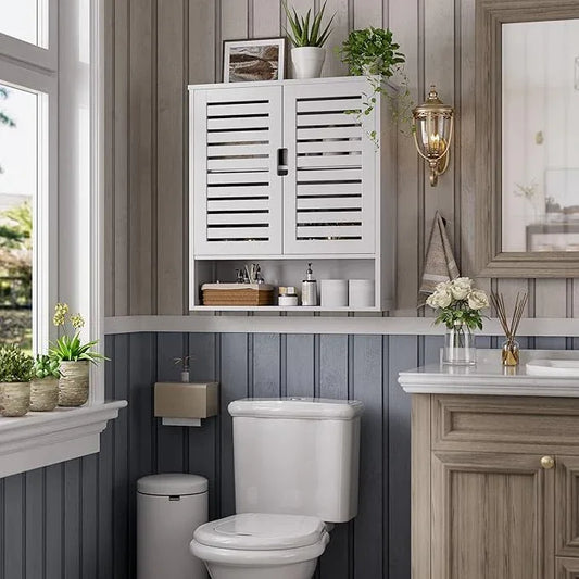 SMIBUY Bathroom Cabinet Wall Mounted, Bamboo Over-The-Toilet Storage Organizer, Space Saver Medicine Cabinet with 2 Door and Adjustable Shelves (White) - ModernBath