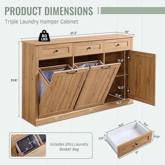 Triple Tilt Out Laundry Hamper Cabinet, 20 Gallon Farmhouse Trash Can Cabinet w/Drawer & Adjustable Shelf, Hidden Garbage Can Bin Cabinets w/Laundry Basket for Bathroom, Kitchen (Natural) - ModernBath