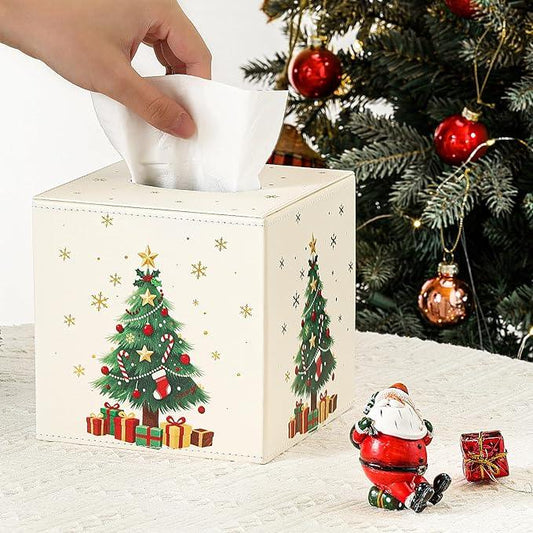 Luxspire Christmas Tissue Box Cover, 5.51" Square Tissue Box Cover with Magnetic Closure, Tissue Box Holder Christmas Decor for Living Room Bedroom Countertop Cars Hotels, Christmas Tree - ModernBath