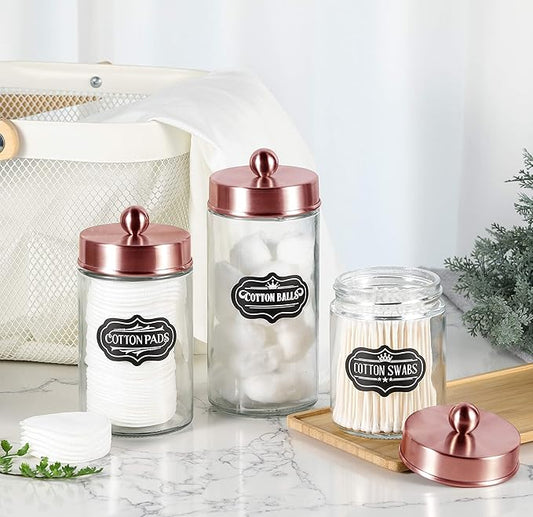 Apothecary Jars 3 Pack - Glass Bathroom Containers with Stainless Steel Lids - Rustic Farmhouse Decor Bathroom Accessories, Vanity Organizer Apothecary Jars for Qtip/Cotton Balls (Rose Gold)