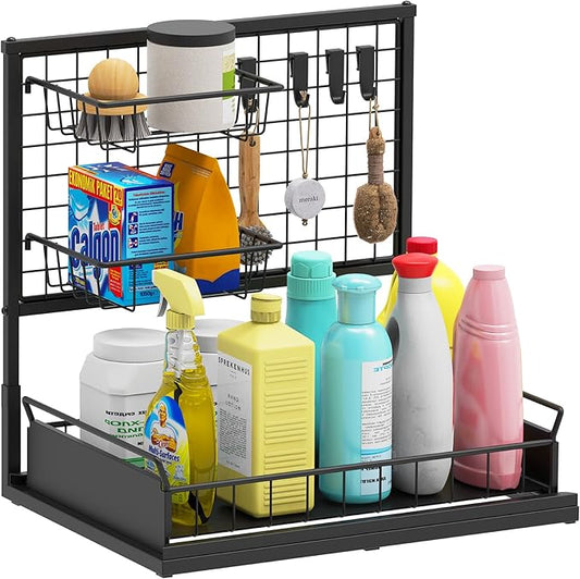 Under Sink Organizer Shelves, Pull Out Cabinet Organizers, Metal Hook Shelf Sliding Drawers for Kitchen Bathroom Closet Organization and Storage