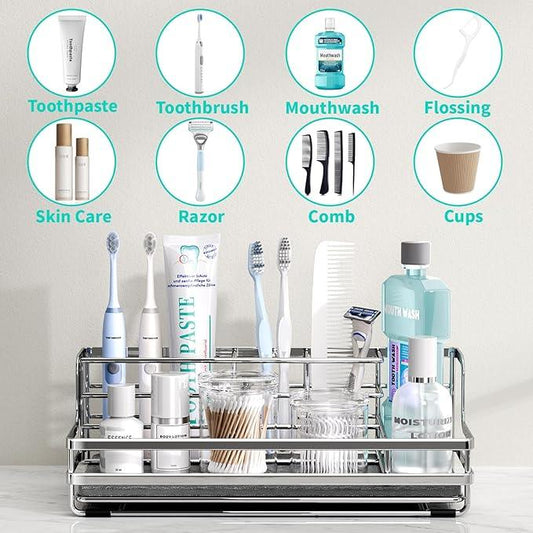 HapiRm Toothbrush Holders for Bathroom - 5 Partitions Bathroom Counter Organizer with Instant Drying Stone, Stainless Steel Countertop Storage Electric Toothbrush Toothpaste Holder - Silver - ModernBath