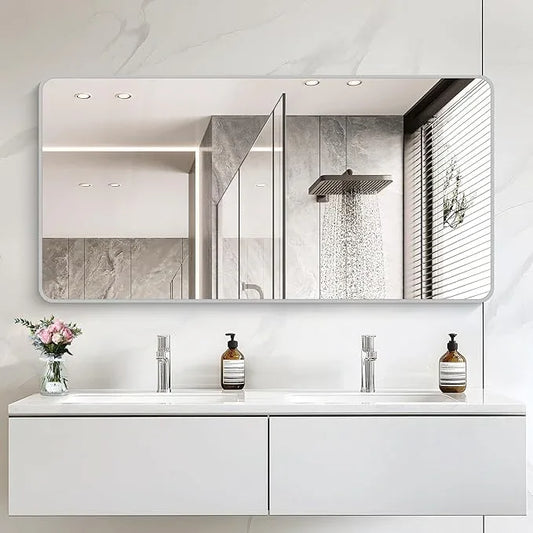 CIVENO 30x60 Inch Silver Bathroom Mirror, Large Rectangular Vanity Mirror, Metal Framed Rectangle Mirror, Rounded Corner Wall Mounted Mirrors for Living Room Bedroom Entryway Horizontal or Vertical - ModernBath