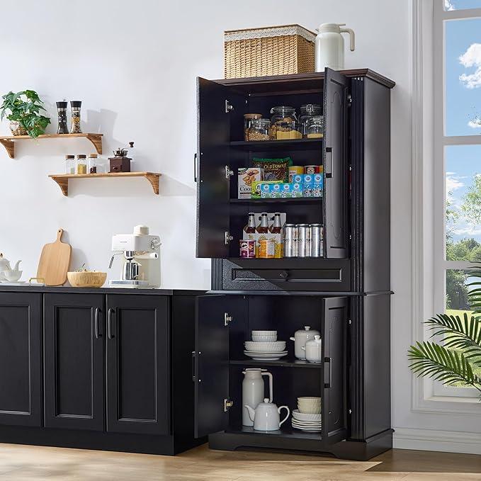 71" Black Tall Pantry Cabinet with Drawer and Adjustable Shelves, Modern Storage Cabinet with Doors, Kitchen Buffet Cabinet, Food Pantry Storage Cabinet, Coffee Bar, Living Room and Dining Room - ModernBath