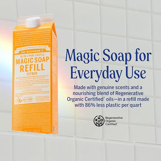 Dr. Bronner's Magic Soap-Pure-Castile Liquid Refill (Citrus, 32 ounce, 2-Pack) - Made with Regenerative Organic Certified Oils, For Body, Hair, Laundry, Pets & Dishes - Concentrated, Vegan, Non-GMO - ModernBath
