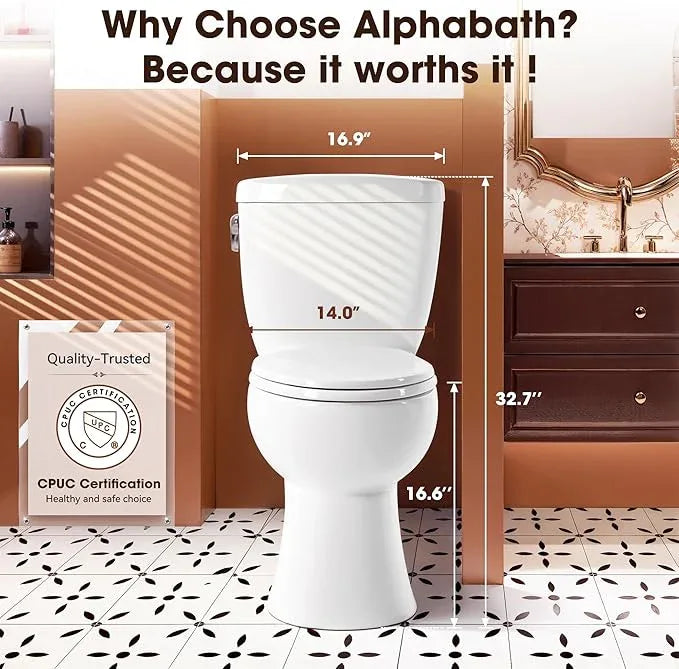 Alphabath 17“ Comfort Height Toilet with Soft close seat, Two piece Toilets for Bathroom, Nano Self-Cleaning Glaze, 1.01 GPF Powerful Single Flush, Easy to Clean & Install, ADA Height, 12" Rough-In - ModernBath