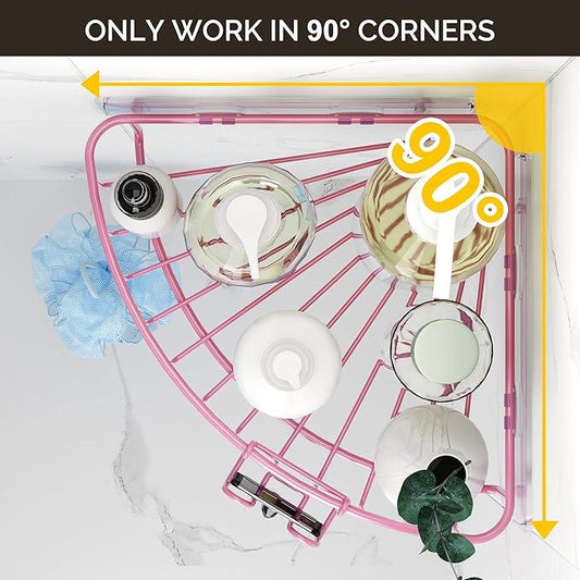 Orimade Corner Shower Caddy with 2 Hooks Wall Mounted Metal Bathroom Shelf Storage Organizer Adhesive No Drilling 2 Pack, Pink Only for 90-Degree Corner - ModernBath