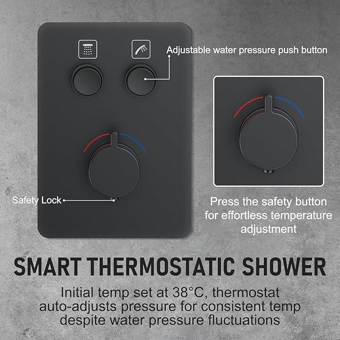 Thermostatic Shower System 13-Inch Rainfall Shower Head - 3 Setting Handheld Sprayer, Complete Bathroom Set with Faucet Mixer Trim Kit & Valve Matte Black - ModernBath
