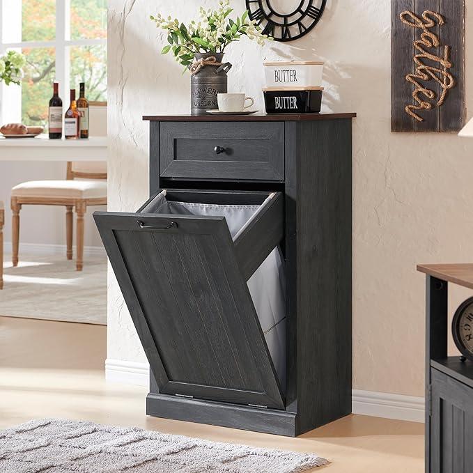 Tilt Out Laundry Hamper Cabinet, 10 Gallon Farmhouse Trash Can Cabinet with Drawer, Hidden Wood Garbage Can Bin Cabinet with Laundry Storage Basket for Bathroom, Kitchen, Dark Grey - ModernBath