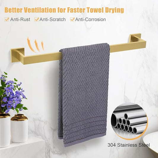 TURS Brushed Gold 4-Pieces Bathroom Hardware Set Towel Bar Set Include 16 Inch Single Towel Bar Towel Holder Toilet Paper Holder Towel Wall Mounted Robe Hook, Stainless Steel