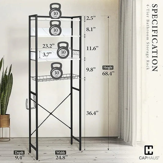 CAPHAUS Over The Toilet Storage, 4-Tier Bathroom Organizer, Freestanding Toilet Shelf, Multifunctional Space Saver Toilet Rack with 4 Hooks, Laundry Organizer, Plant Stand for Balcony (Marble White) - ModernBath