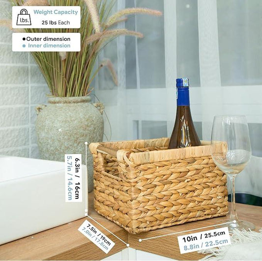 Small Wicker Baskets for Organizing Bathroom, Hyacinth Baskets for Storage, Wicker Storage Basket with Wooden Handle, Decorative Small Basket 10 x 7.5 x 6.3 inches - 3 Pack - ModernBath