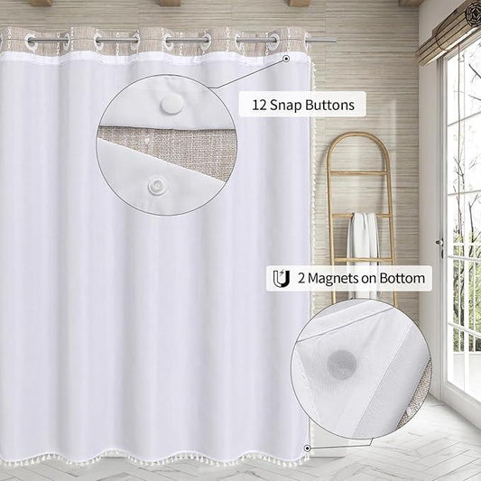 MitoVilla No Hooks Required Boho Farmhouse Shower Curtain with Snap-in Liner, Taupe Cotton Linen Fabric Shower Curtains with Tassels for Rustic Neutral Bathroom Decor,72 x 74 - ModernBath