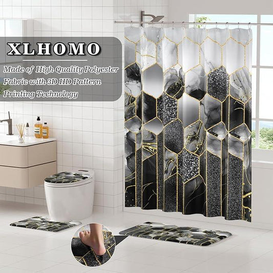 XLHOMO Bathroom Sets with Shower Curtain and Rugs - 4PC Black Geometric Shower Curtain Set with 12 Hooks, Toilet Cover, U-Shaped Mat and Rugs Modern Abstract Bathroom Accessories for Bathroom - ModernBath