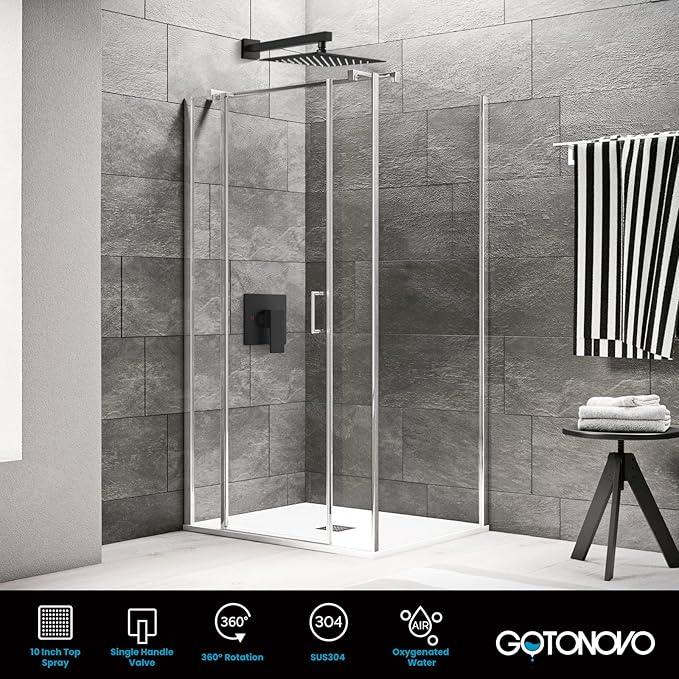 gotonovo Rainfall Shower Faucet Set System Shower Trim Kit with 10 Inch Rain Shower Head Bathroom Mixer Shower Complete Combo Single Handle Wall Mounted Female Thread Rough-in Valve Matte Black - ModernBath